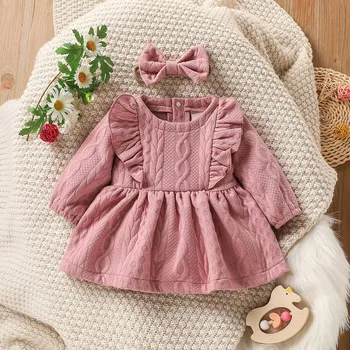 0-2Y אופנה בנות תינוק סתיו שמלה למסיבת ילדים ילדים קפלים שרוול ארוך צבע מוצק מקרית קו-שמלה+סרט בגדים
