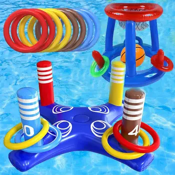 1 סט בריכה מתנפחת צף סט צעצוע צף כדורסל מתנפח לחצות להטיל טבעת, צעצועי בריכה שחייה בריכת מים המשחק