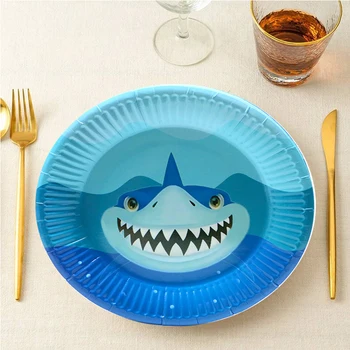 10Pcs/חבילה כריש צלחות נייר כריש כחול חד פעמיות רקע האוקיינוס נושא מסיבת יום הולדת אספקה ילדים טובה.