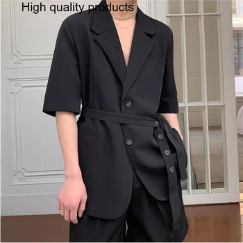2023 אופנה גברים מזדמנים בלייזרס מוצק צבע קוריאני שרוול ארוך פנאי דש החליפה עם חגורה נאה אופנת רחוב Mens מעילי 2XL