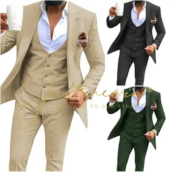 2023 אופנה חדשה בז ' זכר חליפות Slim Fit מחורצים דש 3 חתיכות האנשים הכי מתאים לחתונה בלייזר+אפוד+מכנסיים תחפושת Homme