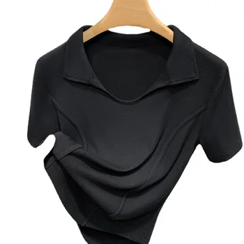 2023 בסגנון אירופאי חדש שרוול קצר חולצת טריקו נשים צווארון פולו מוצק צבע חולצה המותניים אדרה תחתית מעוגלת למעלה