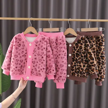 2023 החורף הפעוט יוניסקס בגדי תינוקות להגדיר בנים בנות מעילי מכנסיים Sweatsuits אוהב דפוס צמר מעיל+מכנסיים נופלים תלבושות