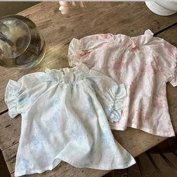 2023 הקיץ התינוק בגדי פעוטות בנות לפרוע צווארון חולצות כותנה דק קצר בועה שרוול בייבי בנות פרחונית חולצה חולצות