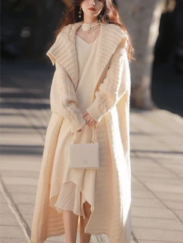 2023 חורף צרפתי משובח סרגה סוודר מעילים נשים שרוול ארוך מזדמן חופשי סוודר ארוך מעילים משרד ליידי שיק קוריאה
