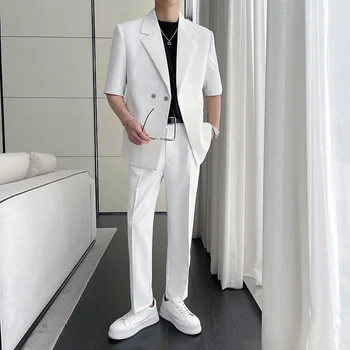 2023 חליפת קיץ גברים Slim Fit אופנתי חברתית Mens להגדיר קוריאנית שרוול קצר בלייזר המכנסיים שני חתיכת קבוצה Mens משרד רשמי חליפה