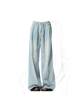 2023 נשים כחול ג 'ינס באגי בציר רחב הרגל גבוהה המותניים מכנס ג' ינס Y2k אופנת רחוב Harajuku חופשי קאובוי ג ' ינס מכנסיים בגדים