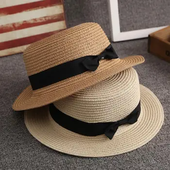 2023 קוריאנית הקיץ הורה-ילד החוף כובע נשי מזדמן כובע פנמה הגברת מותג נשים שטוח ברים Bowknot קש כובע בנות כובע השמש