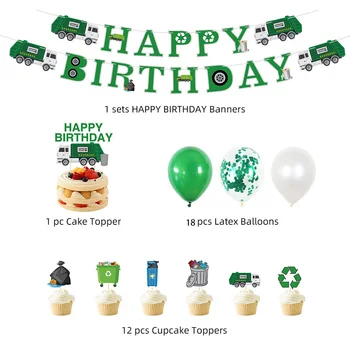 32 יח ' משאית זבל קישוטים למסיבה כוס Toppers עוגת זבל יום הולדת באנר משאית נושאים בלונים ניהול פסולת מיחזור