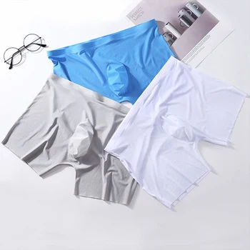 3PCS/חבילה מוצק Ultra Thin Ice משי תחתוני בוקסר גברים חלקה עלייה נמוכה מכנסי נוחות 3D U קמור תיק תחתונים בתוספת גודל תחתונים, עירום