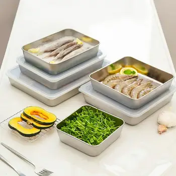 3Pcs נירוסטה מזון תיבת אחסון רעננות שימור קל לניקוי עם מכסה משטח חלק צלחות מרובע על בית האוכל