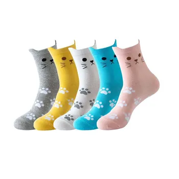 5 זוגות מצויר חתול באמצע צינור גרבי כותנה Mens נשים חורף צמר גרביים ללא להחליק Sokken דחיסה חיצונית Harajuku Calcetines