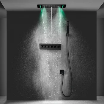 700x380mm ססגוניות LED מקלחת שחור להגדיר Thermostatic מקלחת ברזים טור ערפל גשמים טור האמבטיה