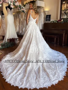 ADLN מקסים שמלות כלה שמלת כלה סקסית רצועות ספגטי צוואר V עדין אפליקציה פיצול קו טול שמלות כלה