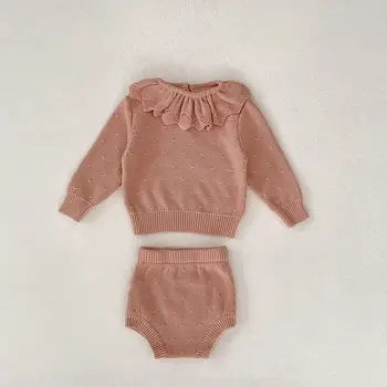 Angoubebe 555S165 תינוק בייבי בנות 0-2 שנים עלה לוטוס צווארון הסוודר משולבת מכנסיים קצרים בקבוצות