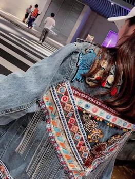 CHICEVER מזדמן רופף מעיל ג 'ינס לנשים דש שרוול ארוך רקמה, טלאים שרשרת וינטג Colorblock ז' קטים נשיים חדשים.