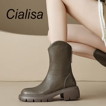 Cialisa פלטפורמה נשים עגל אמצע מגפיים 2023 סתיו חורף עגול הבוהן רוכסן עור אמיתי עקב גבוהות בעבודת יד גברת נעליים שחורות 40