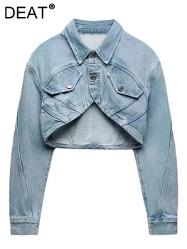 DEAT נשים דש שרוול ארוך בודד עם חזה ג 'ינס ג' קט כחול גבוהה המותניים ישר ארוך ג ' ינס 2023 סתיו אופנה חדשה 17A1149