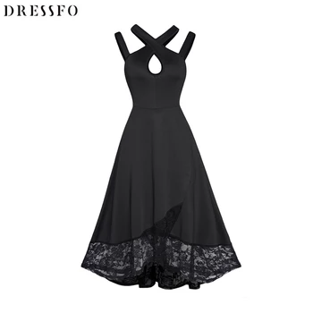 Dressfo נשים שמלה לחתוך חור המנעול העצום שמלת מסיבת גבוהה המותניים פרחוני תחרה לוח סימטרי מידי שחור Sleevless קו השמלה