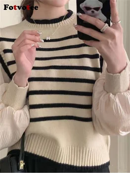 Fotvotee סוודר טלאים לנשים אופנה חדשה פסים פאף שרוול סתיו חורף קט קליל וינטג ' שיק סריגה המגשרים