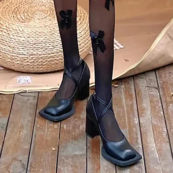 GCYCG מותג 2023 רצועת קרסול פלטפורמת משאבות נשים עור Pu בוהן מרובע מרי ג ' יין נעליים אישה גותי עבה עקבים גבוהים נעלי נשים