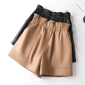 Genien עור מכנסיים קצרים לנשים 2023 אופנה חדשה Elestic גבוהה המותניים מכנסיים קצרים נקבה אופנת רחוב מזדמנים בסגנון