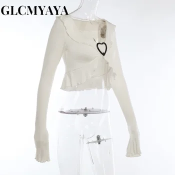 GLCMYAYA נשים U-צוואר Flounced קצה מוצק חלול החוצה משולבים יבול מקסימום 2023 היסודות סלים Hotsweet סקסי פרפר שרוול חולצות