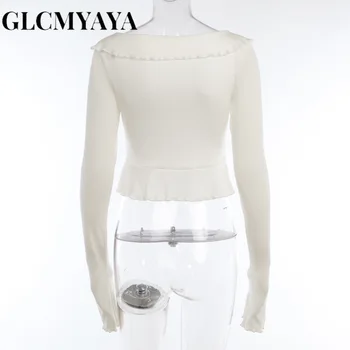 GLCMYAYA נשים U-צוואר Flounced קצה מוצק חלול החוצה משולבים יבול מקסימום 2023 היסודות סלים Hotsweet סקסי פרפר שרוול חולצות