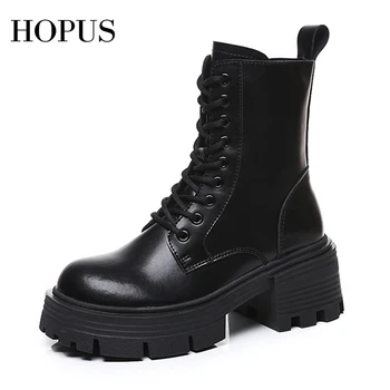 HOPUS נשים אופנה מגפיים מעור באיכות גבוהה המגפיים בסגנון בריטי נעלי פלטפורמה לנשים 2023 השחור החדש מגפיים קצרים
