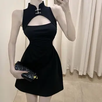 Hsa Y2K שחור שמלת מיני נשים סקסי הלטר סלים קו Suspender שמלות הקיץ הקוריאני שרוולים שמלת קיץ אלגנטי Vestidos