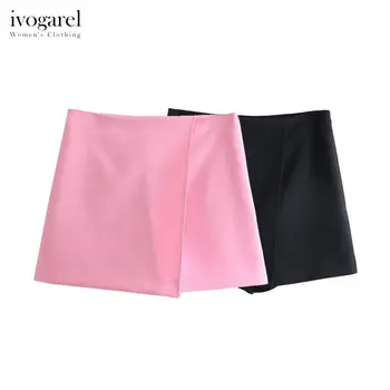 Ivogarel ורוד שחור Skort עם שסע פירוט של נשים אלגנטי גבוהה המותניים חצאית מכנסיים קצרים עם חזית שסע נראה בצד Zip לחיזוק