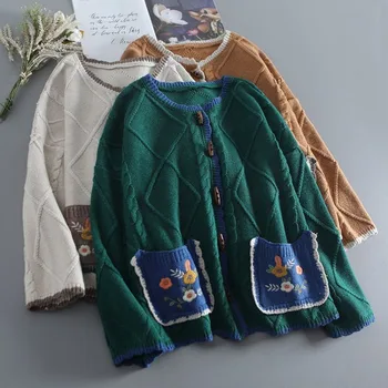Korejepo פסטורלי בסגנון מנוגדים סוודרים כיס רקום לסרוג מעיל נשים רופף תכליתי Oxbow כפתור עצלן קרדיגן