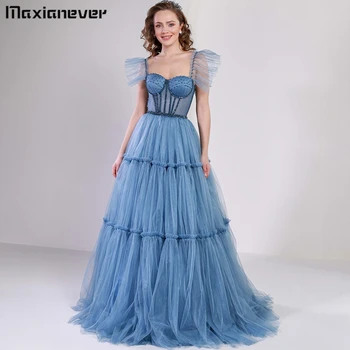Maxianever יפה ללא משענת שרוולים שמלת נשף עם תחרה המפרט, מהממת טול שמלת ערב עם רצועה עיצוב