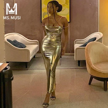 MSMUSI 2023 חדש אופנה נשים סקסיות זהב רצועת צוואר V לקפל שרוולים Bodycon ללא משענת מסיבת מועדון סלים שמלת מקסי שמלת שמלה ארוכה