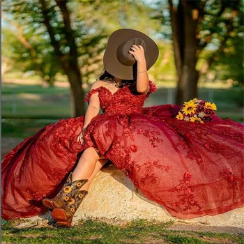 MULONG שמלות אדומות על הטקס אלגנטי את הכתף אפליקציה תחרה קו Vestidos דה-15 Anos צד שמלות ערב 2023