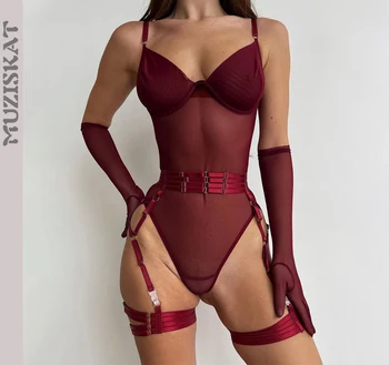 MUZISKAT 2023 חדשים נטו אדום הלבשה תחתונה סקסית רואה דרך רשת בגד גוף חגורת ביריות