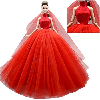 NK אדום שמלת החתונה בובות ברבי הנסיכה ערב המפלגה שמלת בגדים לובש שמלה ארוכה תלבושות + הינומה 1/6 בובה אביזרים