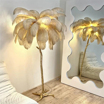 Nodic רטרו E27 יען נוצה עומדת המנורה על שרף פליז זהב נורדי מנורת רצפה עבור סלון וילה Tripot עיצוב הבית