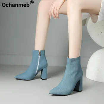 Ochanmeb נשים הג ' ינס מגפיים כחול מחודד בוהן גסה עקבים גבוהים מגפי קרסול חורף רוכסן גבירותיי נעלי סתיו נעליים 33-43
