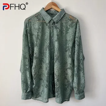 PFHQ 2023 קיץ אופנה חדשה תחרה רקום חולצות גברים שרוול ארוך בודד עם חזה חופשי גברים חולצה של בגדים 21F3449
