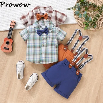 Prowow 3-24M התינוק תלבושות תואמות דש עניבה חולצה משובצת+Suspender מוצק מכנסיים ערכות עבור ילדים יילוד יום הולדת בגדים