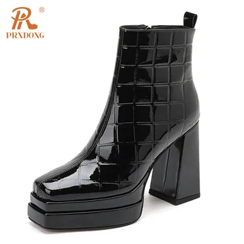 PRXDONG חדש עור אמיתי נעלי אישה מגפי קרסול עקבים עבים פלטפורמת שחור בז ' רוכסן שמלת מסיבת עובדים ליידי נעליים 39