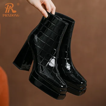 PRXDONG חדש עור אמיתי נעלי אישה מגפי קרסול עקבים עבים פלטפורמת שחור בז ' רוכסן שמלת מסיבת עובדים ליידי נעליים 39
