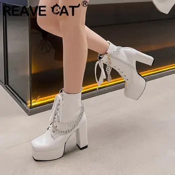 REAVE חתול האופנה ליידי מגפי קרסול בוהן מרובע Ultrahigh עקבים 11.5 ס 