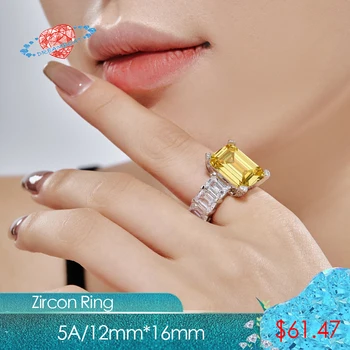 S925 כסף סטרלינג ברקת חיתוך סט טופר אור צהוב מרובע זירקון להגדיר שורה יהלום מלא, טבעת יהלום