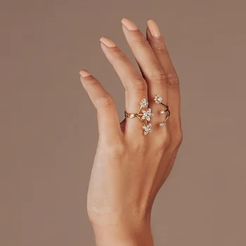 Stonefans יוקרה כפול אצבע טבעת פתוחה Zirconia מעוקב עבור נשים מעודנות מתכת סניפים טבעת הכלה החתונה יד תכשיטים