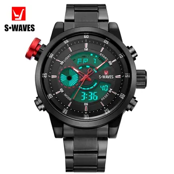 SWAVES מותג ספורט היד גברים שעוני יוקרה נירוסטה עמיד למים קוורץ שחור שעון תצוגה כפולה הכרונוגרף שעון דיגיטלי