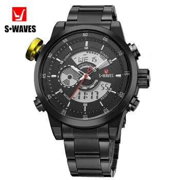 SWAVES מותג ספורט היד גברים שעוני יוקרה נירוסטה עמיד למים קוורץ שחור שעון תצוגה כפולה הכרונוגרף שעון דיגיטלי