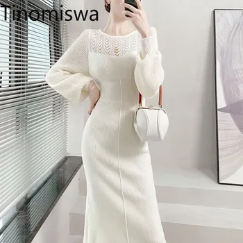 Tinomiswa מוצק צבע Slim Fit בתוך השמלה נשים סרוגים חלול החוצה שרוול ארוך שמלות נקבה אופי עדין חלוק נשי