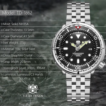 TUEDIX Seiko אוטומטיים מכאניים שעונים זכר נירוסטה שריטה הוכחה עמיד למים צלילה זוהר עסקי פנאי לצפות